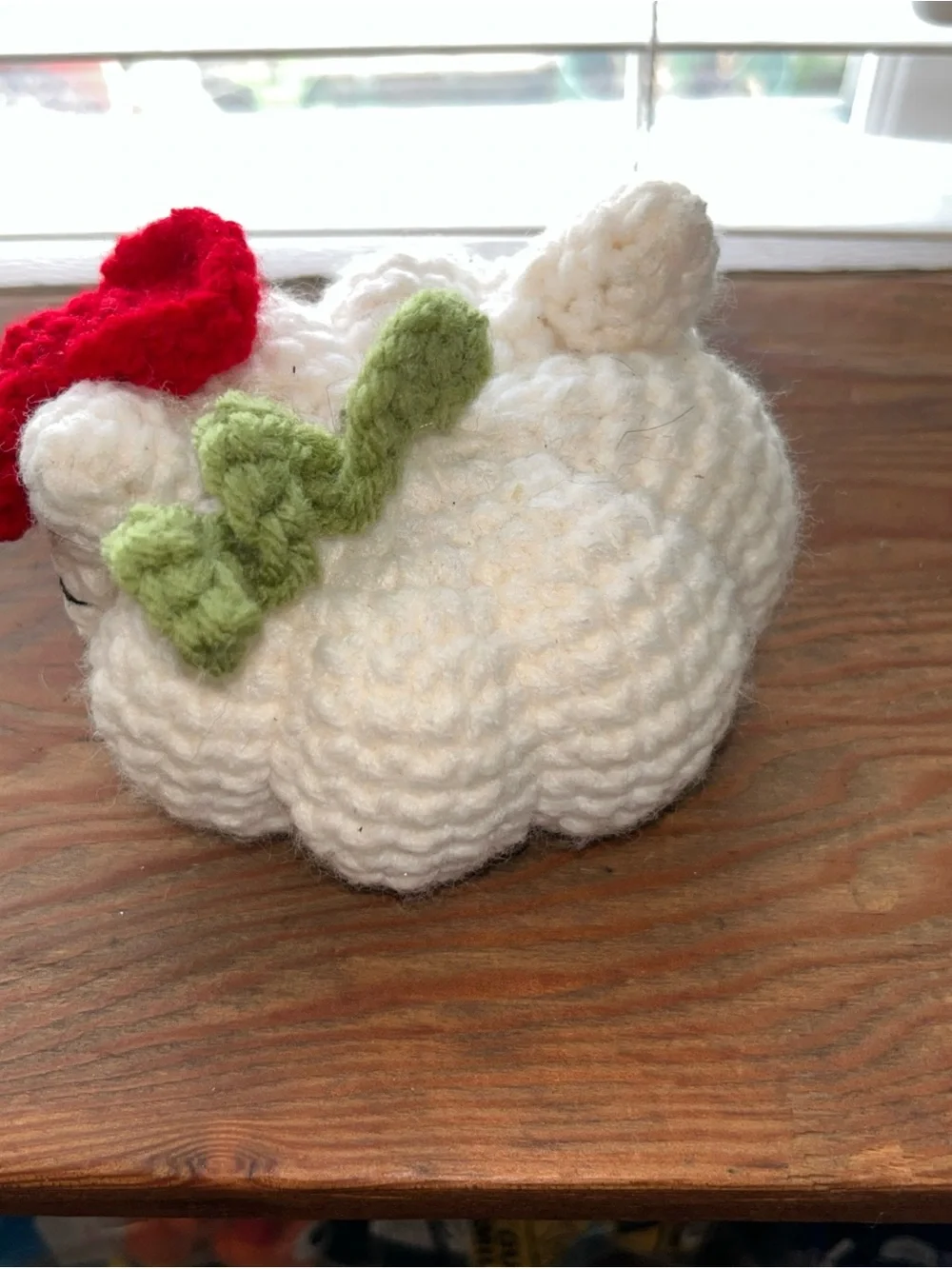 Handmade White Crochet Cat Plush with Red Flower
